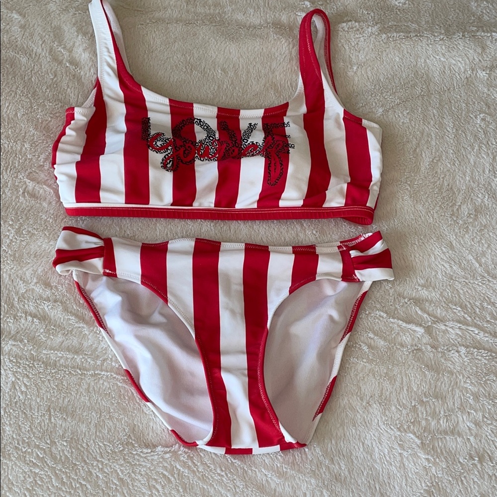Women's Red and White Striped Bikini Set